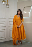 YELLOW COTTON FLARED EMBROIDERED ANARKALI SUIT