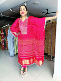 RANI PINK PRINTED KAFTAN WITH EMBROIDERED YOKE