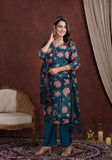 GREYISH BLUE FLORAL PRINT CREPE SUIT WITH EMBROIDERED V NECK