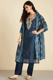 NAVY BLUE GOTA PATTI CHANDERI SUIT SET (WITH PANTS AND DUPATTA)