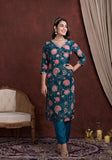 GREYISH BLUE FLORAL PRINT CREPE SUIT WITH EMBROIDERED V NECK