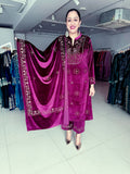 WINE ORNAMENTED WITH TRADITIONAL ELEGANT PEACOCK EMBROIDERY IN PREMIUM VELVET PARTY WEAR SUIT