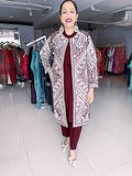 WINE WOOLEN SHRUG WITH WHITE KASHMIRI EMBROIDERY PAIRED WITH WOOLEN INNER AND TROUSER