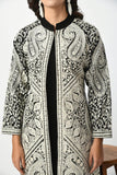 BLACK WOOLEN SHRUG WITH WHITE EMBROIDERY PAIRED WITH BLACK WOOLEN INNER AND TROUSER