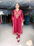 MAROON EMBROIDERED VELVET FIRAN WITH PANTS