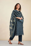 NAVY BLUE CHANDERI SUIT SET (WITH PANTS AND DUPATTA)