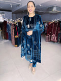 BLUE PRINTED AND EMBROIDERED VELVET SUIT