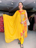 YELLOW PRINTED AND EMBROIDERED MUSLIN ANARKALI SUIT