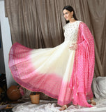 White Silk Gown with Ombre pattern with silk dupatta