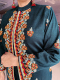 PEACOCK COLOUR WOOLEN SHRUG WITH KASHMIRI EMBROIDERY AND WOOLEN INNER AND TROUSER