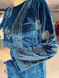 BLUE PRINTED AND EMBROIDERED VELVET SUIT