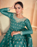 SEA GREEN CHINON FULLY EMBROIDERED FLARED SUIT WITH DIVIDER