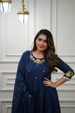 BLUE COTTON FLARED EMBROIDERED ANARKALI SUIT