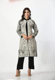 BLACK WOOLEN SHRUG WITH WHITE EMBROIDERY PAIRED WITH BLACK WOOLEN INNER AND TROUSER