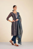 NAVY BLUE CHANDERI SUIT SET (WITH PANTS AND DUPATTA)