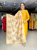 MUSTARD YELLOW PRINTED CHANDERI KURTA WITH PANT AND CHANDERI DUPATTA