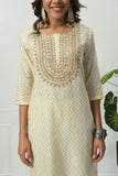 IVORY SELF EMBROIDERED COTTON KURTA WITH EMBROIDERED YOKE WITH PANT & DUPATTA