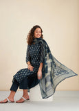 NAVY BLUE CHANDERI SUIT SET (WITH PANTS AND DUPATTA)