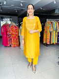 MUSTARD YELLOW PRINTED CHANDERI KURTA WITH PANT AND CHANDERI DUPATTA