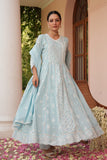 Blue Cotton Lucknowi Embroided Anarkali Suit