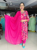 MAGENTA PRINTED CHINON ANARKALI SUIT