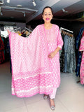 PINK COTTON PRINTED SUIT WITH EMBROIDERED YOKE