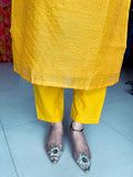 MUSTARD YELLOW PRINTED CHANDERI KURTA WITH PANT AND CHANDERI DUPATTA