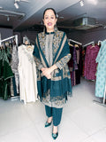 TEAL WOOLEN SHRUG WITH IVORY AND COPPER COlOUR EMBROIDERY WITH WOOLEN INNER AND TROUSER