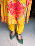 YELLOW PRINTED AND EMBROIDERED MUSLIN ANARKALI SUIT