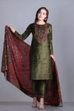 GREEN COTTON VELVET EMBROIDERED PARTY WEAR SUIT