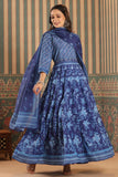 BLUE PRINTED MUSLIN FLARED ANGRAKHA PATTERN ANARKALI KURTA WITH DUPATTA