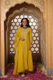 YELLOW COTTON SCHIFFLI FLARED ANARKALI SUIT WITH EMBROIDERY ON YOKE AND FLARED