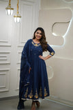 BLUE COTTON FLARED EMBROIDERED ANARKALI SUIT