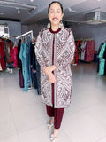 WINE WOOLEN SHRUG WITH WHITE KASHMIRI EMBROIDERY PAIRED WITH WOOLEN INNER AND TROUSER