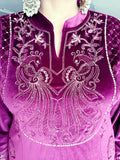 WINE ORNAMENTED WITH TRADITIONAL ELEGANT PEACOCK EMBROIDERY IN PREMIUM VELVET PARTY WEAR SUIT