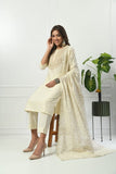 IVORY SELF EMBROIDERED COTTON KURTA WITH EMBROIDERED YOKE WITH PANT & DUPATTA