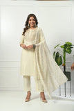 IVORY SELF EMBROIDERED COTTON KURTA WITH EMBROIDERED YOKE WITH PANT & DUPATTA