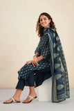 NAVY BLUE CHANDERI SUIT SET (WITH PANTS AND DUPATTA)