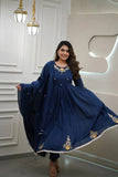 BLUE COTTON FLARED EMBROIDERED ANARKALI SUIT