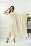 IVORY SELF EMBROIDERED COTTON KURTA WITH EMBROIDERED YOKE WITH PANT & DUPATTA