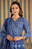 BLUE PRINTED MUSLIN FLARED ANGRAKHA PATTERN ANARKALI KURTA WITH DUPATTA