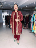 RUST COLOUR WOOLEN SHRUG WITH KASHMIRI EMBROIDERY AND WOOLEN INNER AND TROUSER