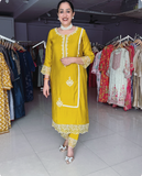 YELLOW SILK EMBROIDERED SUIT