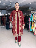 RUST COLOUR WOOLEN SHRUG WITH KASHMIRI EMBROIDERY AND WOOLEN INNER AND TROUSER