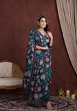 GREYISH BLUE FLORAL PRINT CREPE SUIT WITH EMBROIDERED V NECK