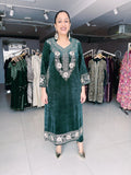 GREEN VELVET EMBROIDERED FIRAN WITH PANTS