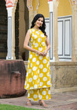 YELLOW COTTON POLKA DOTS PRINTED SLEEVELESS KURTA WITH PANT