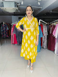 YELLOW COTTON PRINTED ANGRAKHA PATTERN KURTA WITH PANT