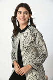 BLACK WOOLEN SHRUG WITH WHITE EMBROIDERY PAIRED WITH BLACK WOOLEN INNER AND TROUSER