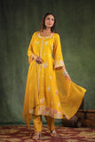 YELLOW SILK  FULLY EMBROIDERED A LINE PARTY WEAR SUIT